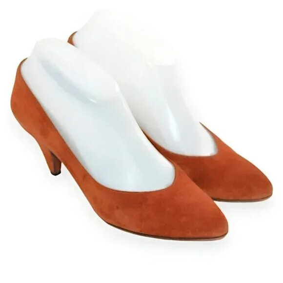 Vintage Italian Suede Leather Copper Rust Burnt Orange Pumps Cone Heels Pumps 7 - Picture 1 of 9